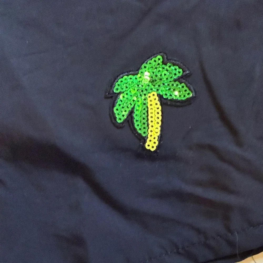 ROMWE Black Men's Swim Trunks with Palm Tree Embroidery